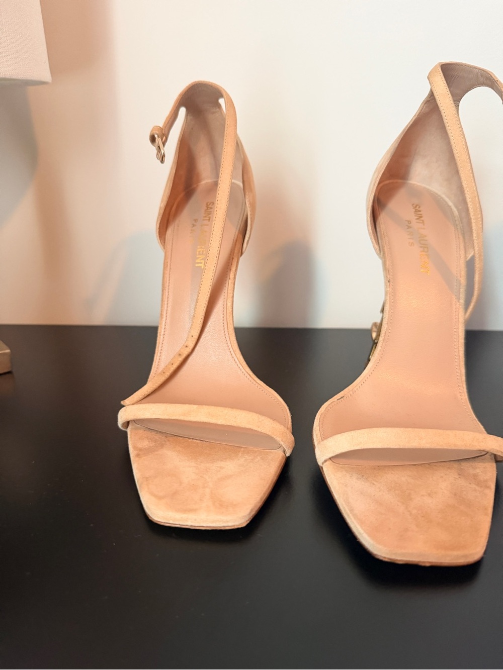 Saint Laurent Nude Suede Square-Toe Ankle-Strap Heels